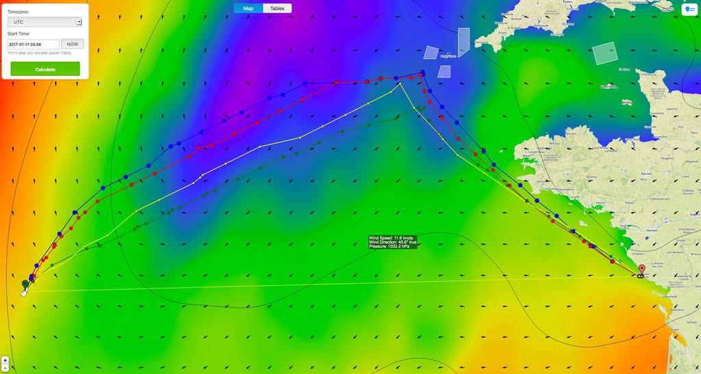 Recommended routing for the lead boats in the Vendee Globe race with 60hours left to sail. © PredictWind